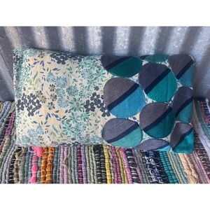 West Elm Lumbar Pillow 12x21 Floral Geometric mixed media Teal Blue Cotton boho